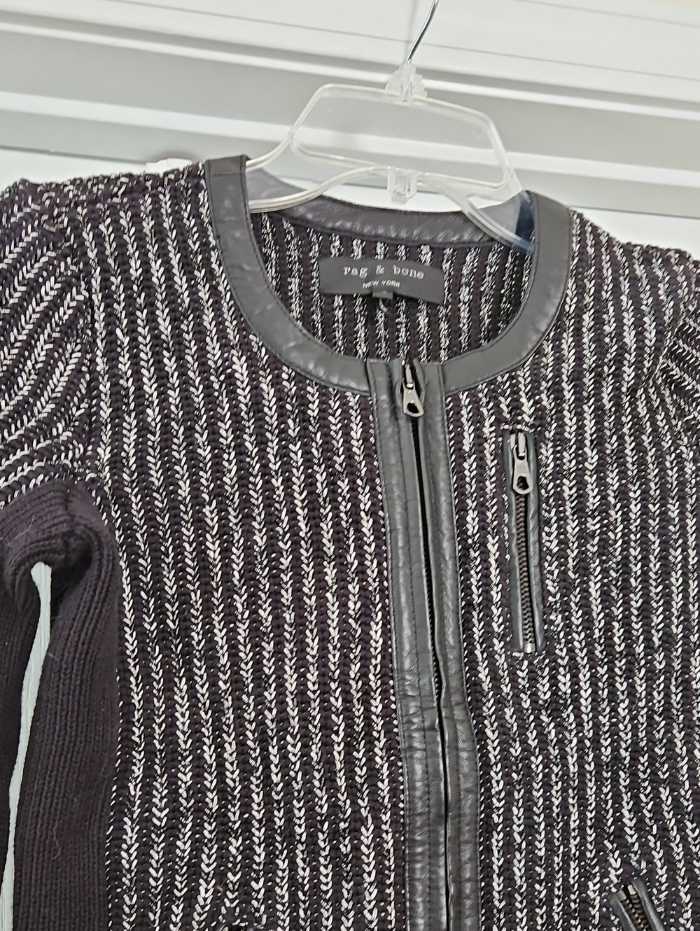 Rag & Bone Paula Black Leather-Trim Ribbed Knit Jacket Size XS - Picture 4 of 9